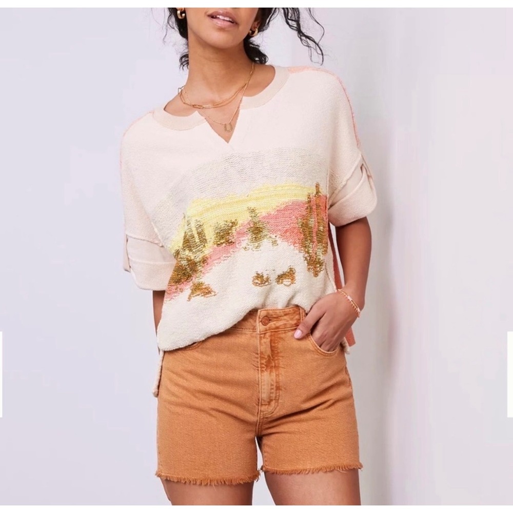 Anthropologie Cream Sweater Top with Pink, Yellow & Gold Accent